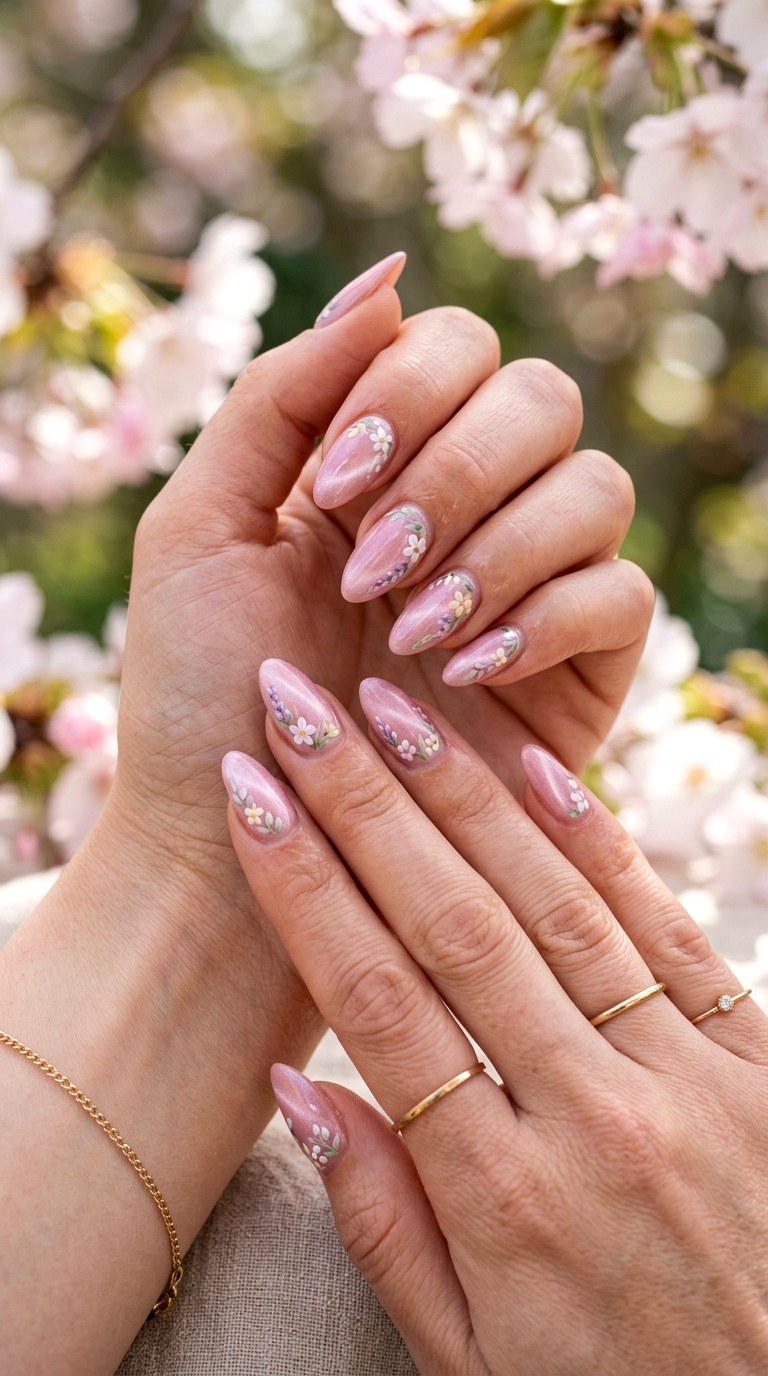 Soft Pink Floral Cat Eye Nails - 20 Spring Floral Cat Eye Nails Ideas