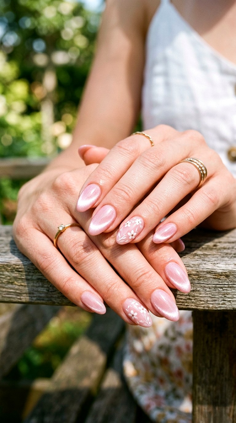 Soft Pink Glossy Floral Cat Eye Nails - 22 Summer Glossy Floral Cat Eye Nails Ideas