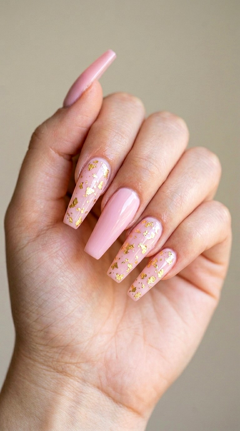Soft Pink with Gold Leaf Sprinkles - 24 Fresh Spring Acrylic Nails