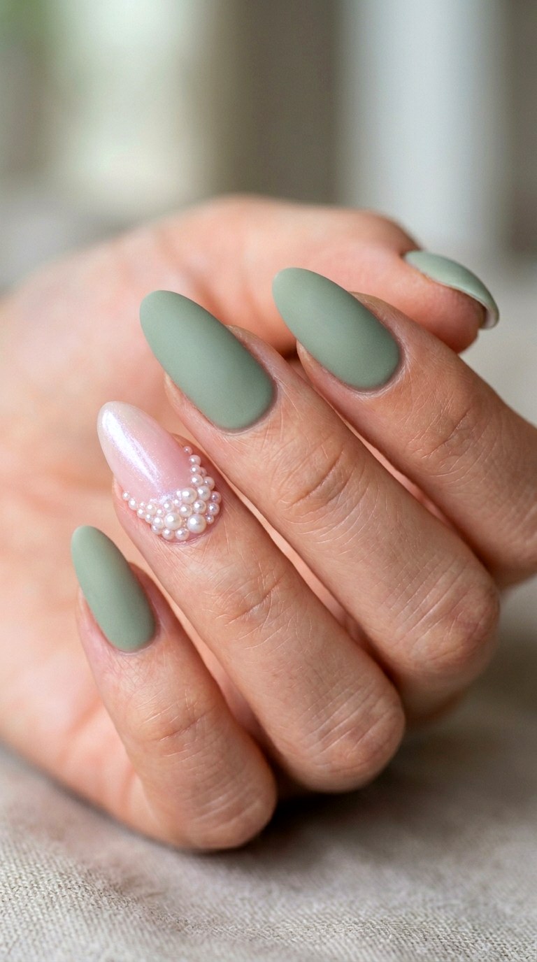 Soft Sage and Pearl Almond Nails - 29 Festive Spring Multicolor Acrylic Nails