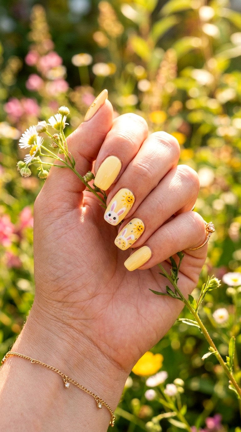 Soft Yellow Bunny Sunshine Nails - 26 Summer Pastel Bunny Cartoon Nail Ideas