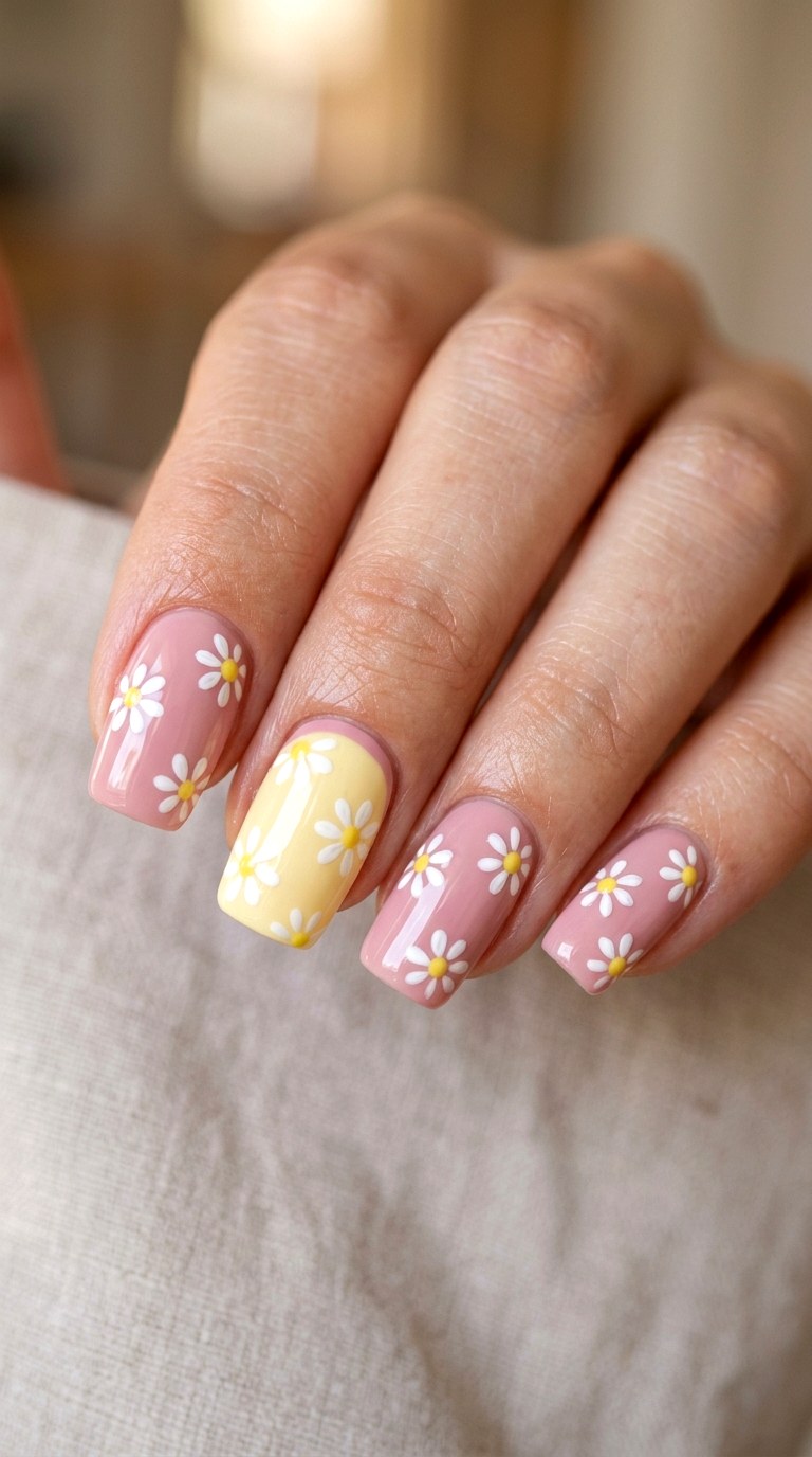 Soft Yellow Daisies on Pink Base - 21 Unique Spring Multicolor Acrylic Nails