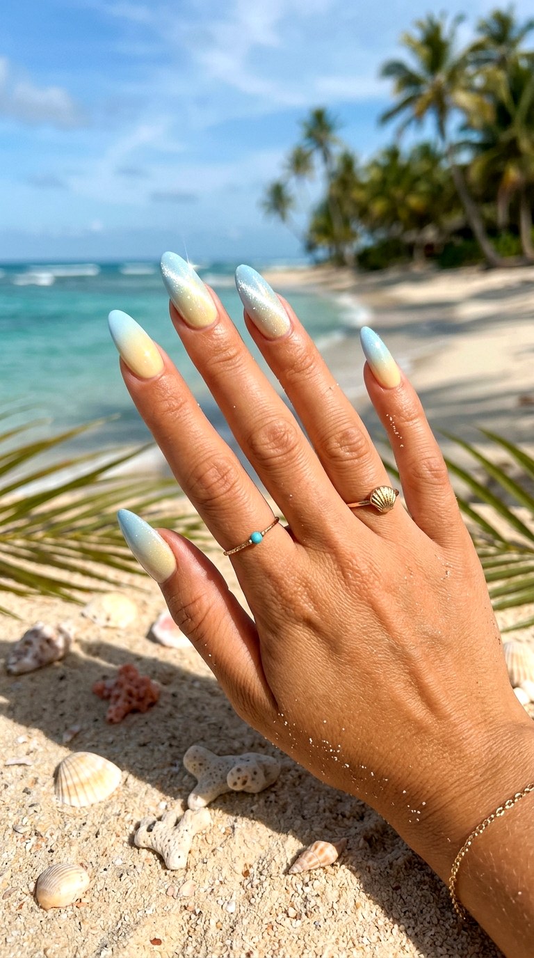 Soft Yellow to Baby Blue Beachy Cat Eye Nails - 24 Summer Ombre Pastel Cat Eye Nails Ideas