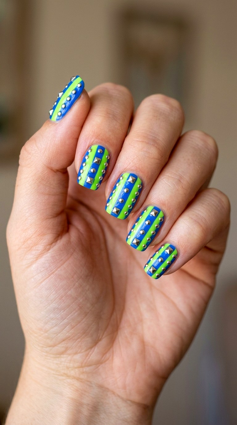Sour Green Stripes With Silver Studs - 24 Eclectic Spring Colorful Junk Nails