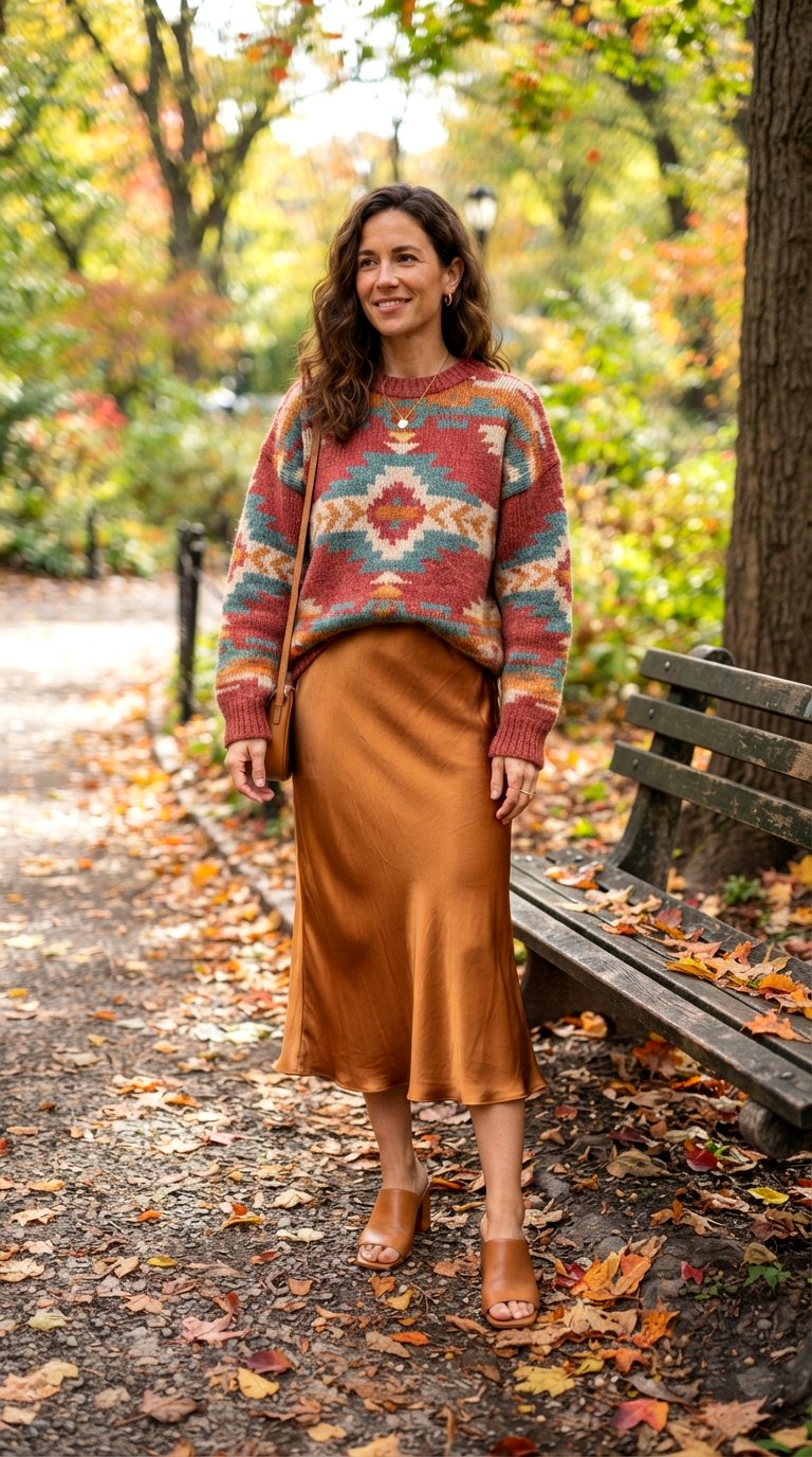 Southwestern Sweater with Satin Midi Western Chic Outfit - 29 western chic outfits