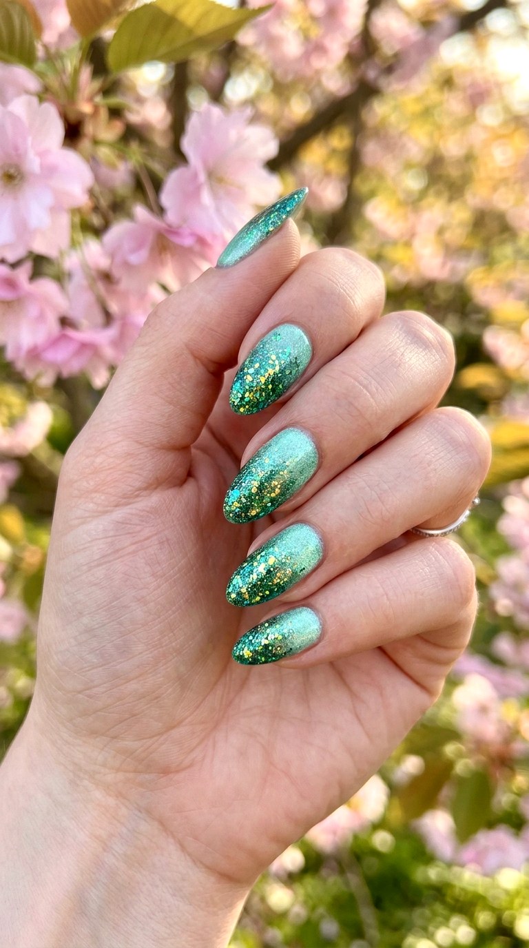 Sparkling Mint Green Cat Eye with Glitter Ombre - 20 Spring Mint Green Cat Eye Nails with SparkleIdeas