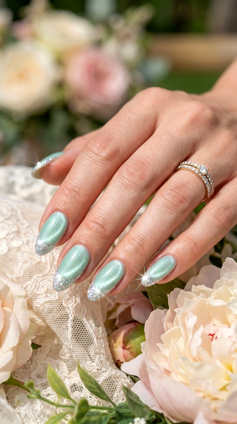 Sparkly French Tip Mint Cat Eye Nails - 23 Summer Mint Green Cat Eye Nails with Sparkle Ideas