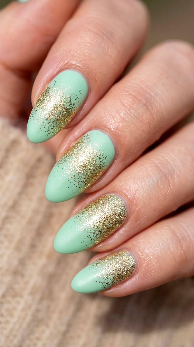 Spearmint Cream and Gold Micro Glitter Fade - 30 Brunch Spring Two Colored Nails