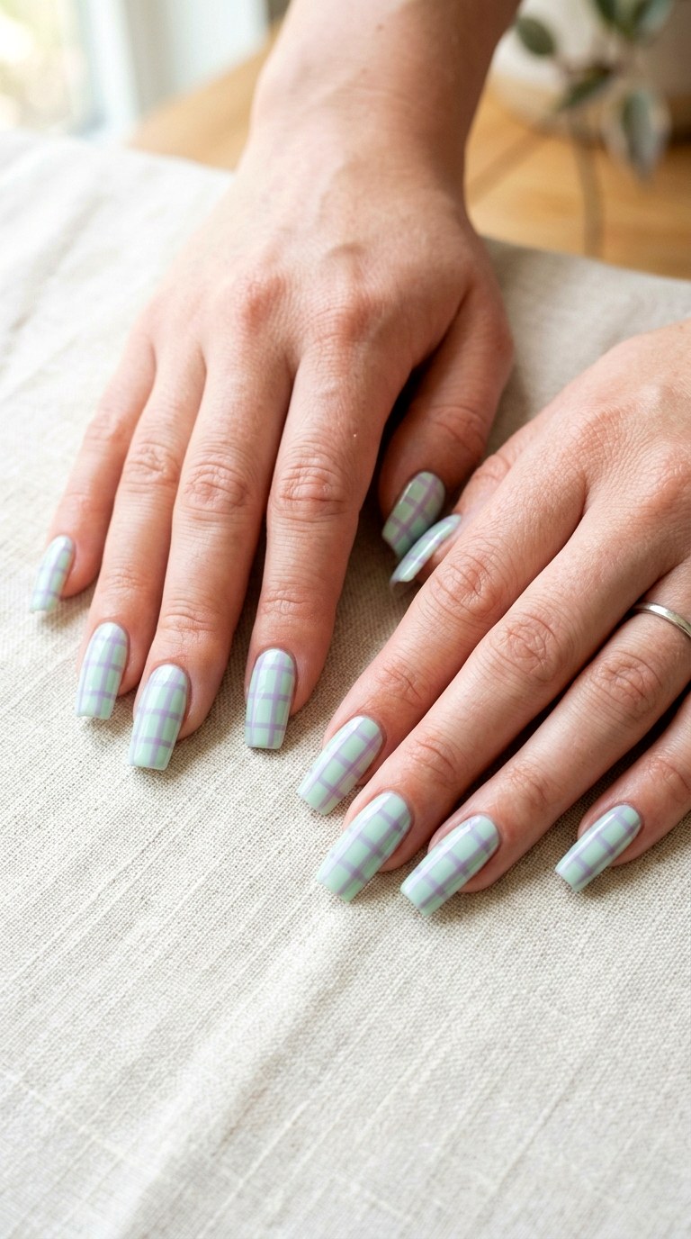 Spearmint and Lavender Plaid Pattern - 27 Chic Spring Two Colored Nails