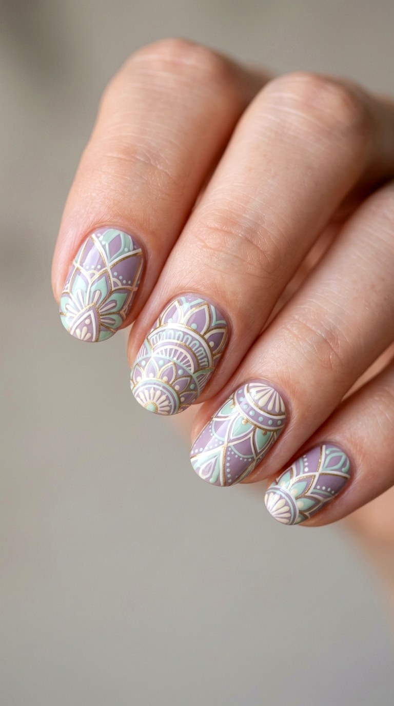 Split Mandala Geometry in Lilac and Mint - 23 Geometric Spring Two Colored Nails
