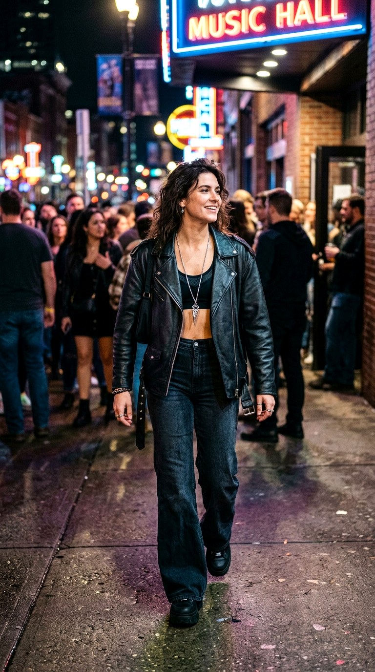 Sports Bra and High Waisted Flares - 27 oversized leather jacket outfits