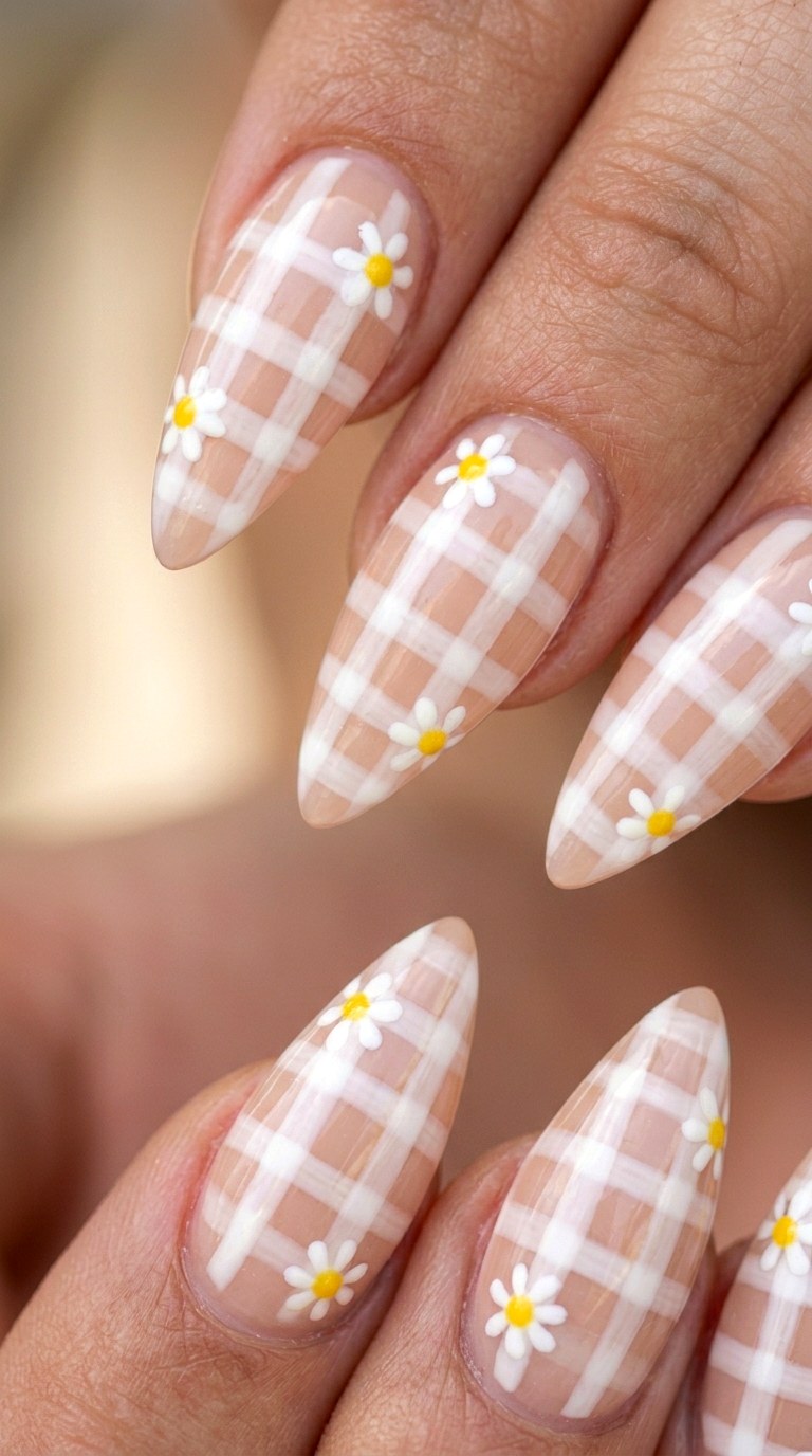 Spring Picnic Gingham and Daisies - 28 Botanical Spring Stiletto Nails