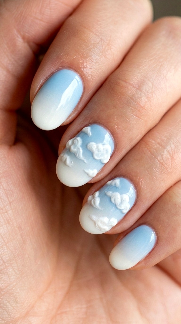 Spring Sky Gradient with Fluffy Clouds - 30 pastel spring ombre nails