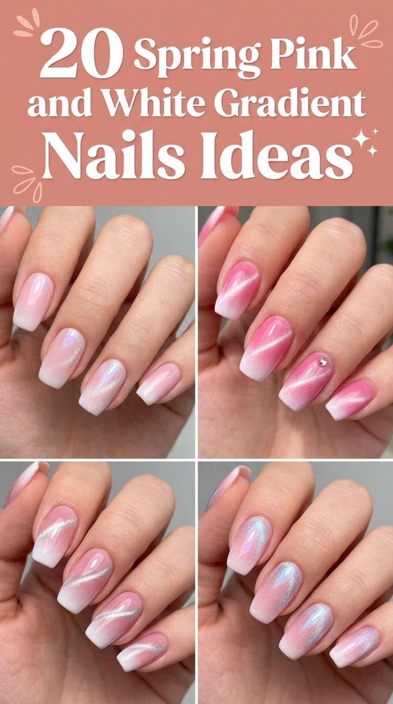 Spring Pink White Gradient Nails