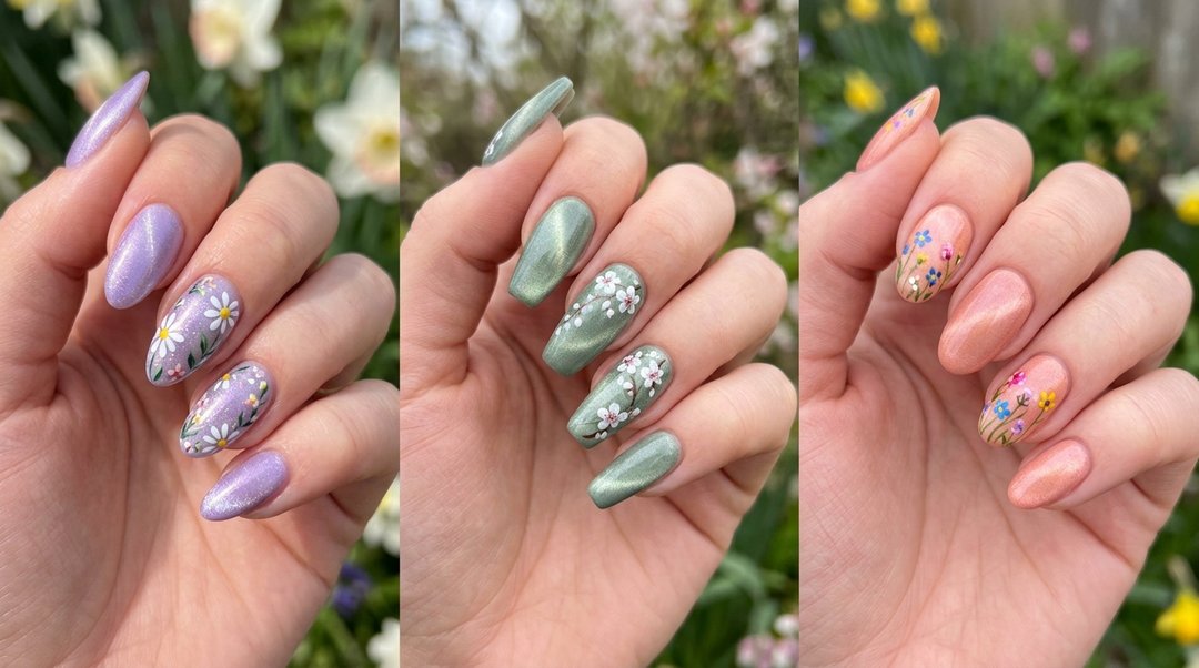 Spring floral cat eye nails