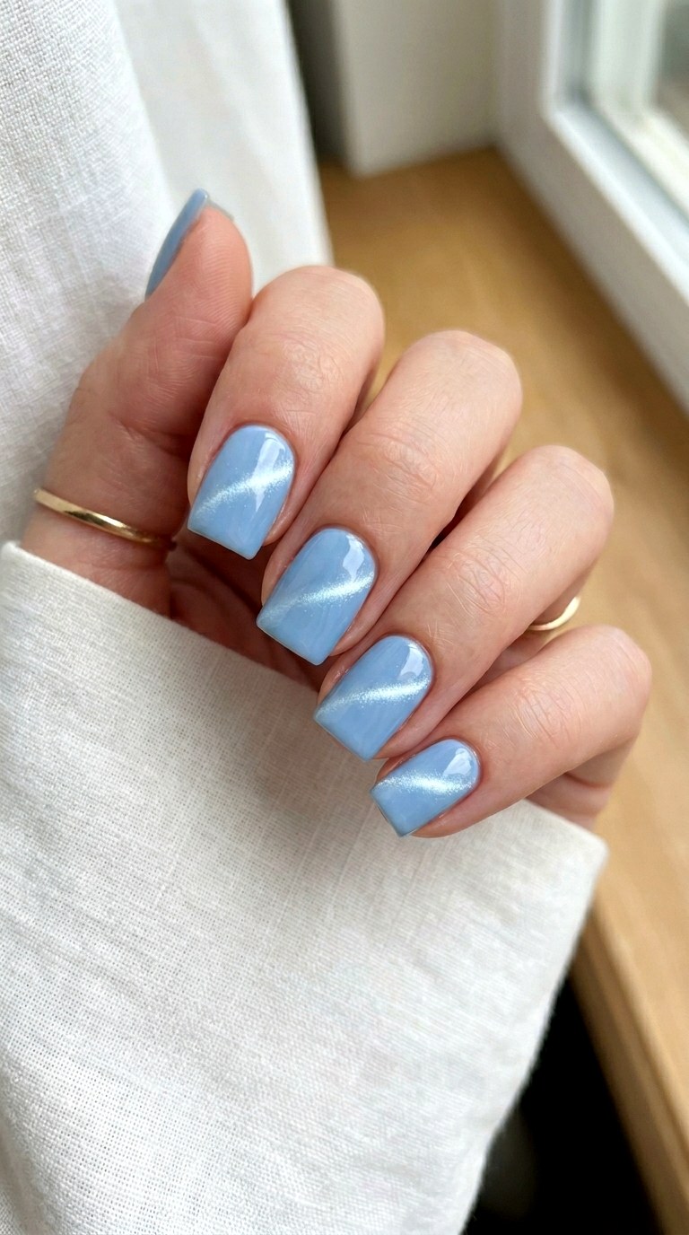 Square Shape Baby Blue Cat Eye Nails - 20 Summer Baby Blue Cat Eye Nails Ideas