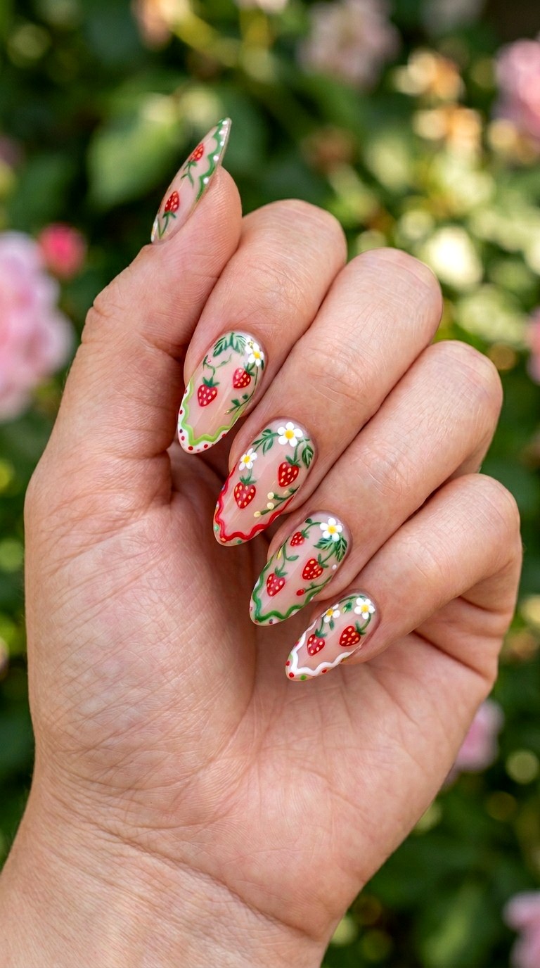 Strawberry Garden Scalloped Tips - 21 Unique Spring Multicolor Acrylic Nails