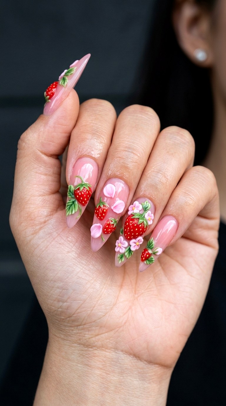 Strawberry Garden Sculpted Stiletto Nails - 29 Festive Spring Multicolor Acrylic Nails