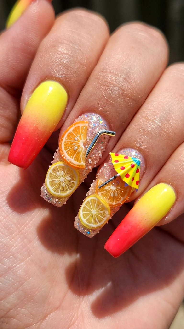 Strawberry Lemonade Embellished - 25 Bold Spring Colorful Junk Nails