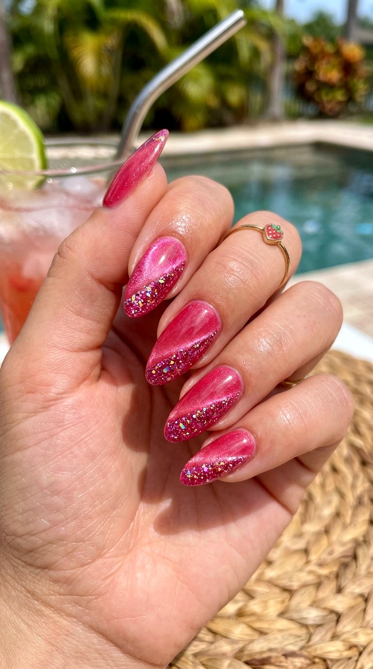 Strawberry Pink Cat Eye with Glitter Cut Line - 22 Summer Pink Cat Eye Nails with Shimmer Line Ideas