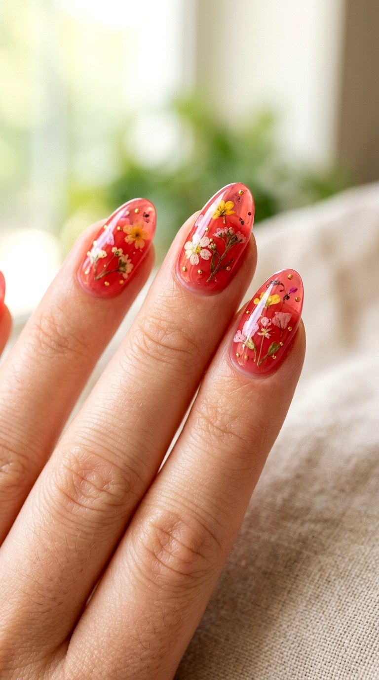 Strawberry Syrup with Tiny Floral Pressings - 23 Contrast Spring Colorful Junk Nails