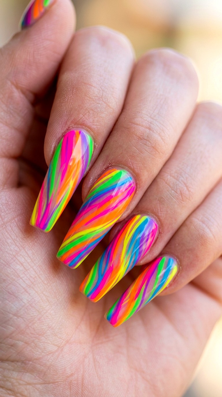 Striking Neon Rainbow Streaks - 26 Rainbow Spring Multicolor Acrylic Nails