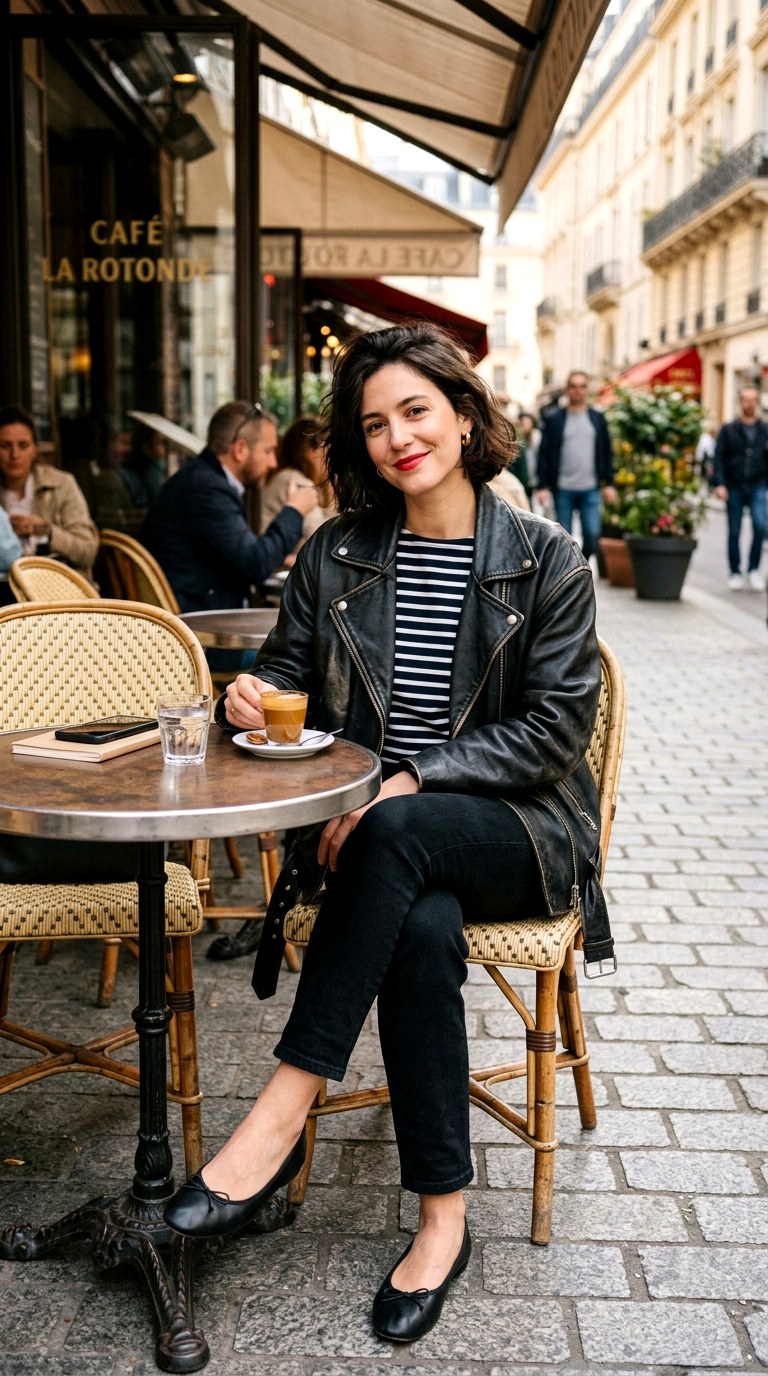 Striped Breton Shirt and Black Jeans - 27 oversized leather jacket outfits