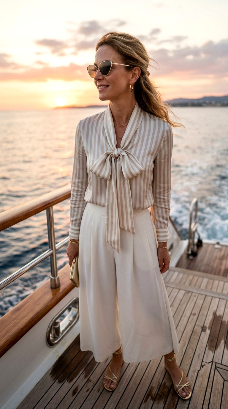 Striped Silk Tie Neck Blouse with Ivory Culottes - 23 old money outfits summer