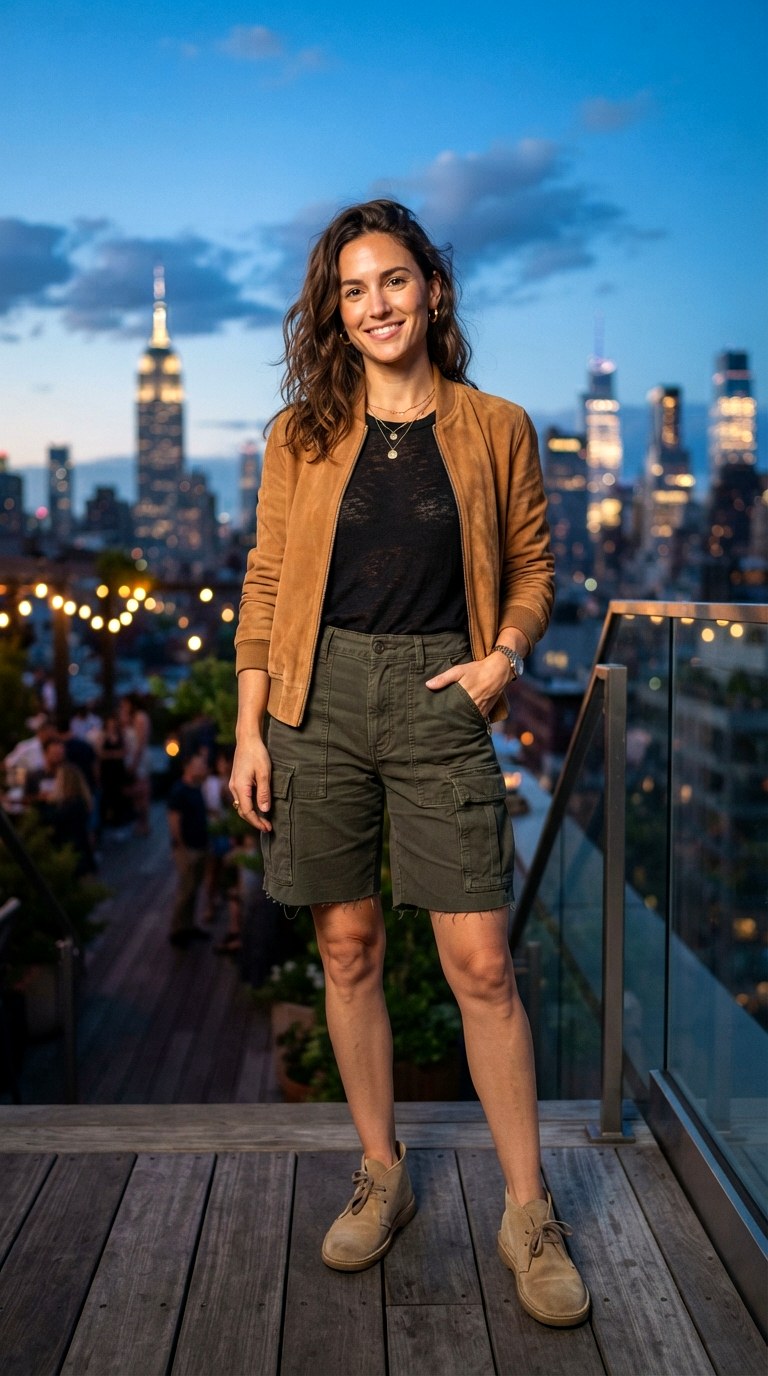 Suede Bomber Jacket and Boots With Cargo Shorts - 23 cargo shorts outfit