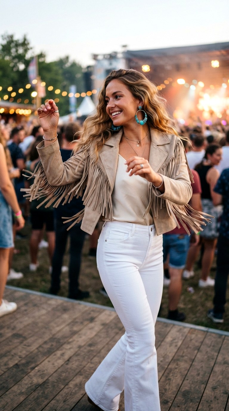 Suede Fringe Jacket with White Flares Western Chic Outfit - 29 western chic outfits