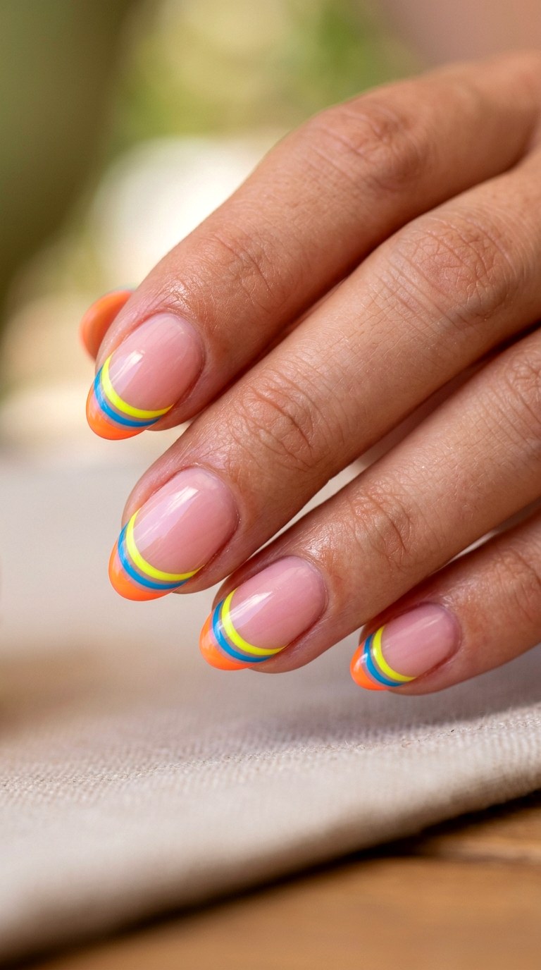 Summer Neon Micro French - 26 Vacation Summer Multicolor Acrylic Nails