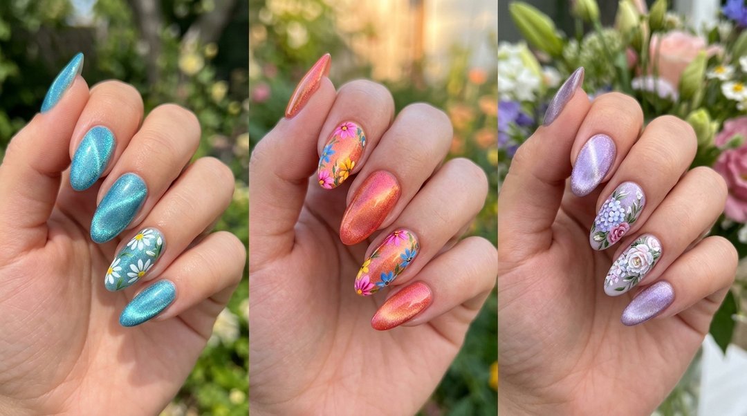 Summer Floral Cat Eye Nails