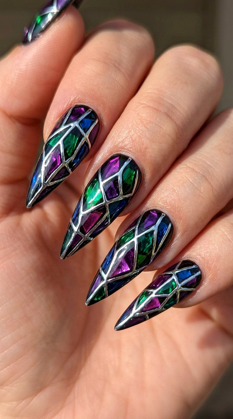 Sun Kissed Jewel Tone Stained Glass Nails - 20 Sunny Spring Multicolor Acrylic Nails