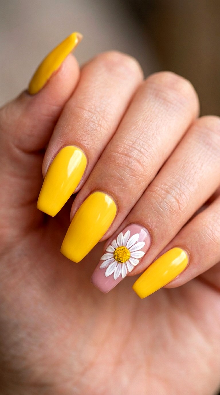 Sunflower Yellow Coffin Nails with Daisy Accents - 22 Bright Spring Multicolor Acrylic Nails