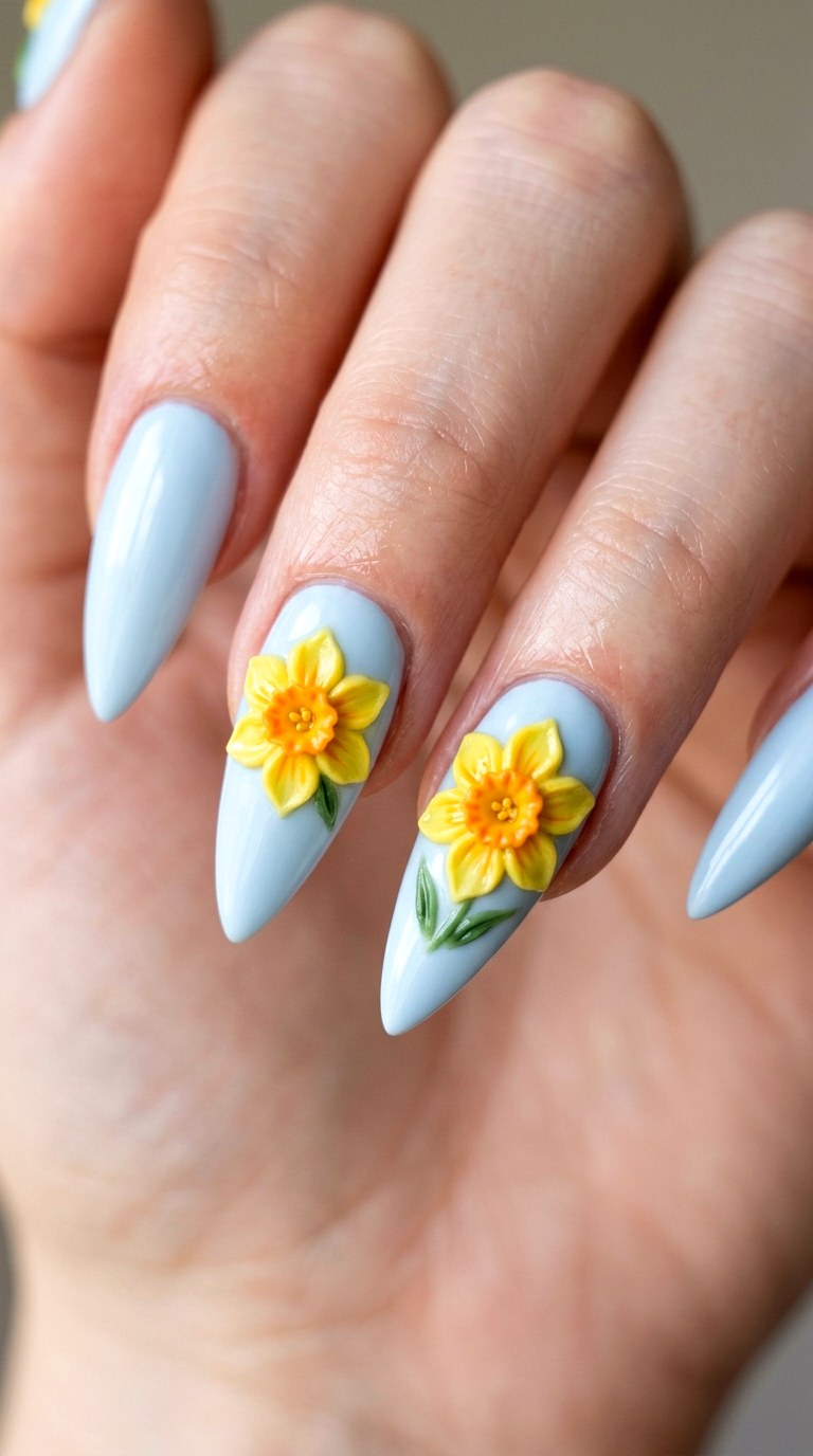 Sunny Daffodil Sculptural Art - 28 Botanical Spring Stiletto Nails