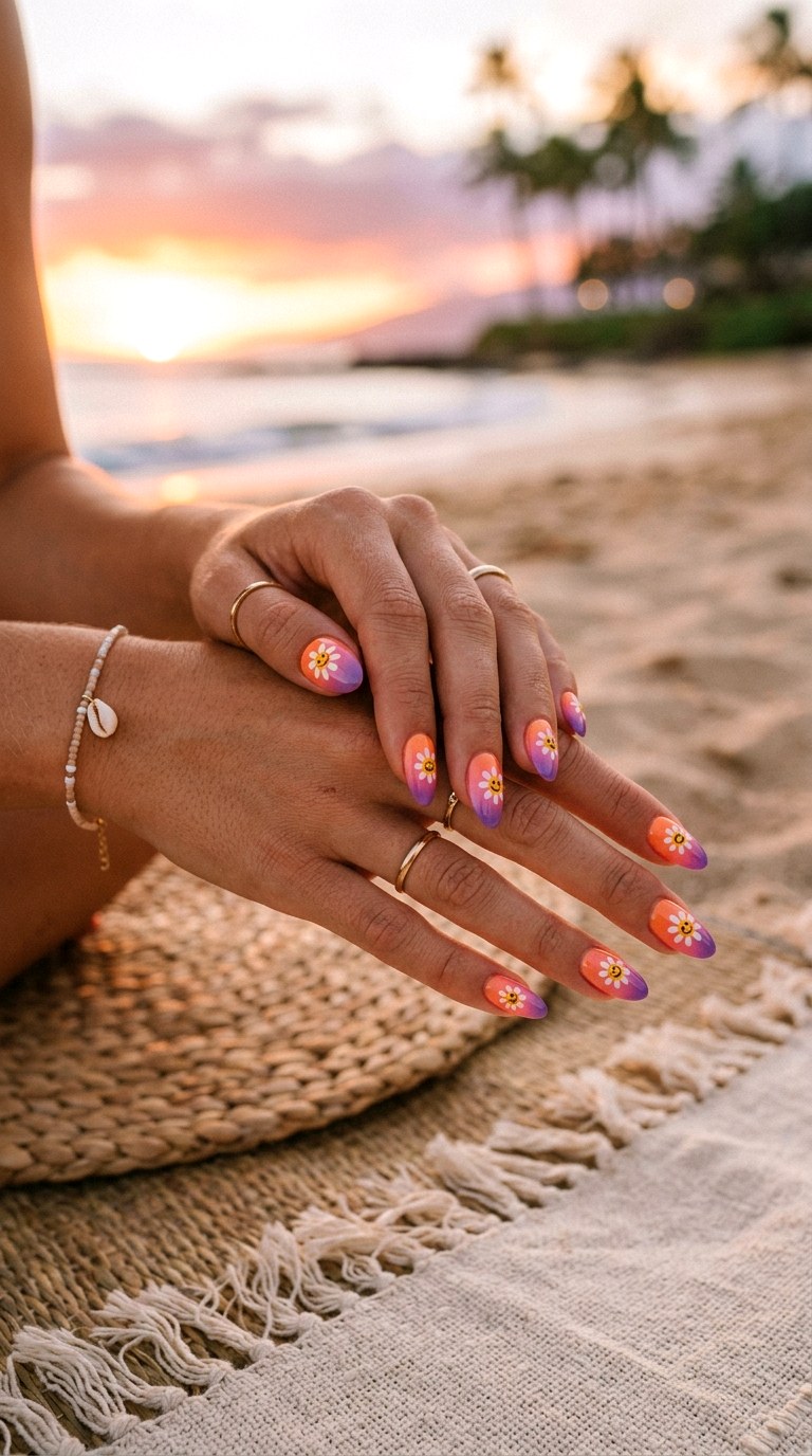 Sunset Gradient Flower Nails - 20 Summer Happy Flower Cartoon Nails Ideas