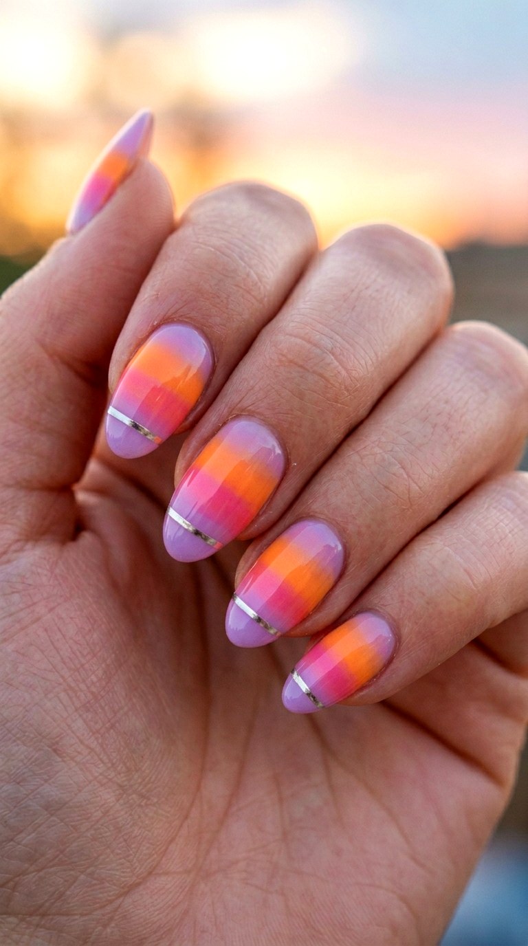 Sunset Gradient with Chrome Horizon - 29 Beach Summer Acrylic Nails