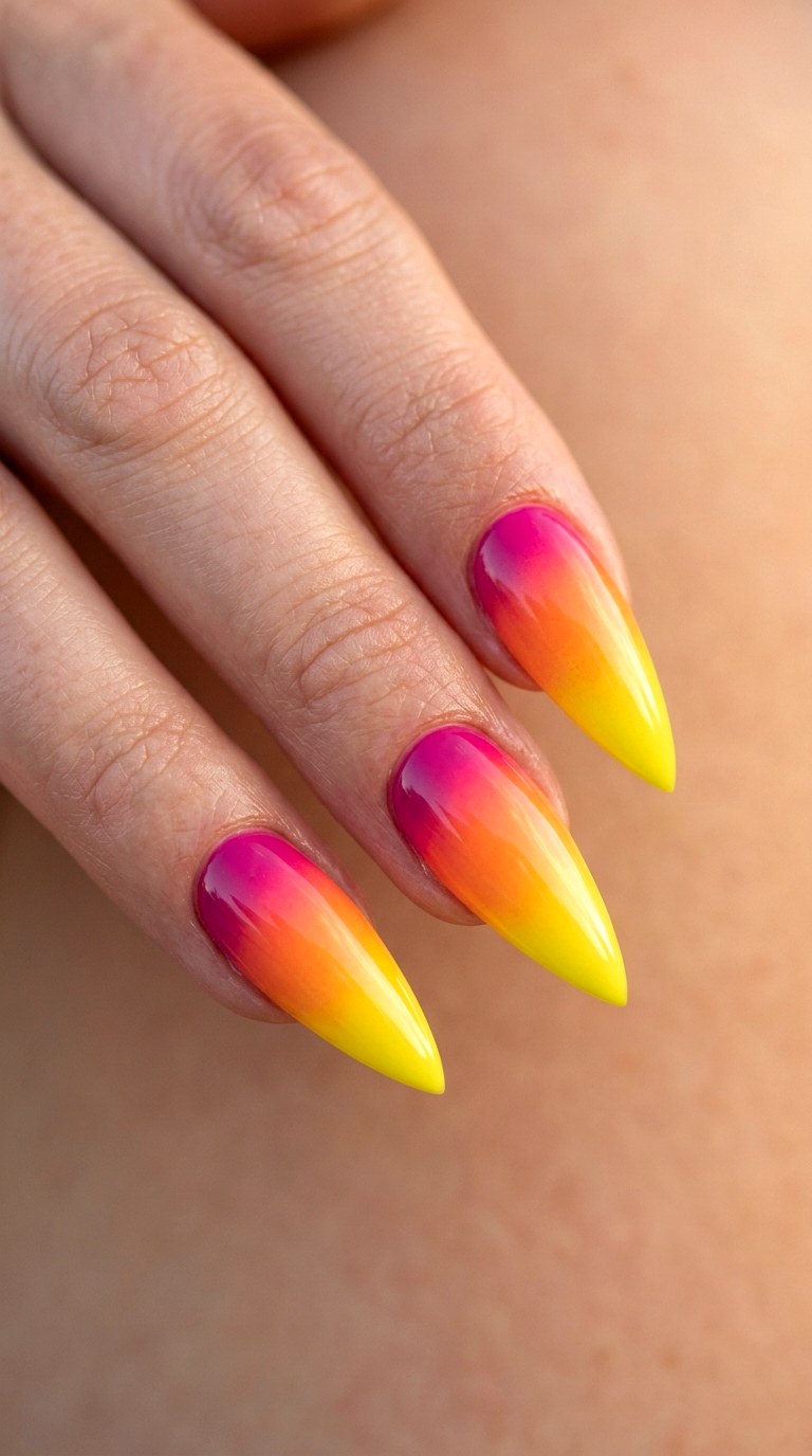 Sunset Ombre Blaze - 30 High-Fashion Spring Stiletto Nails
