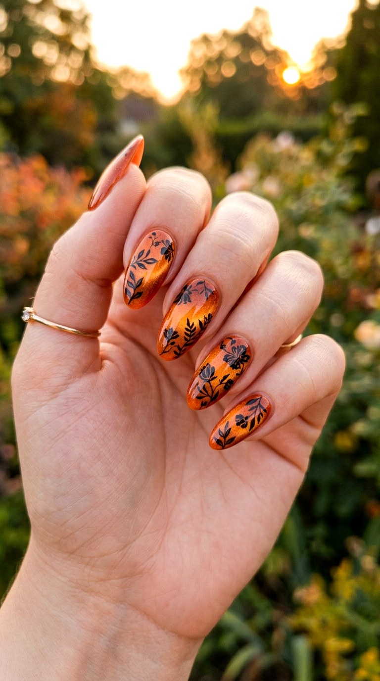 Sunset Orange Cat Eye with Floral Silhouettes - 22 Summer Glossy Floral Cat Eye Nails Ideas