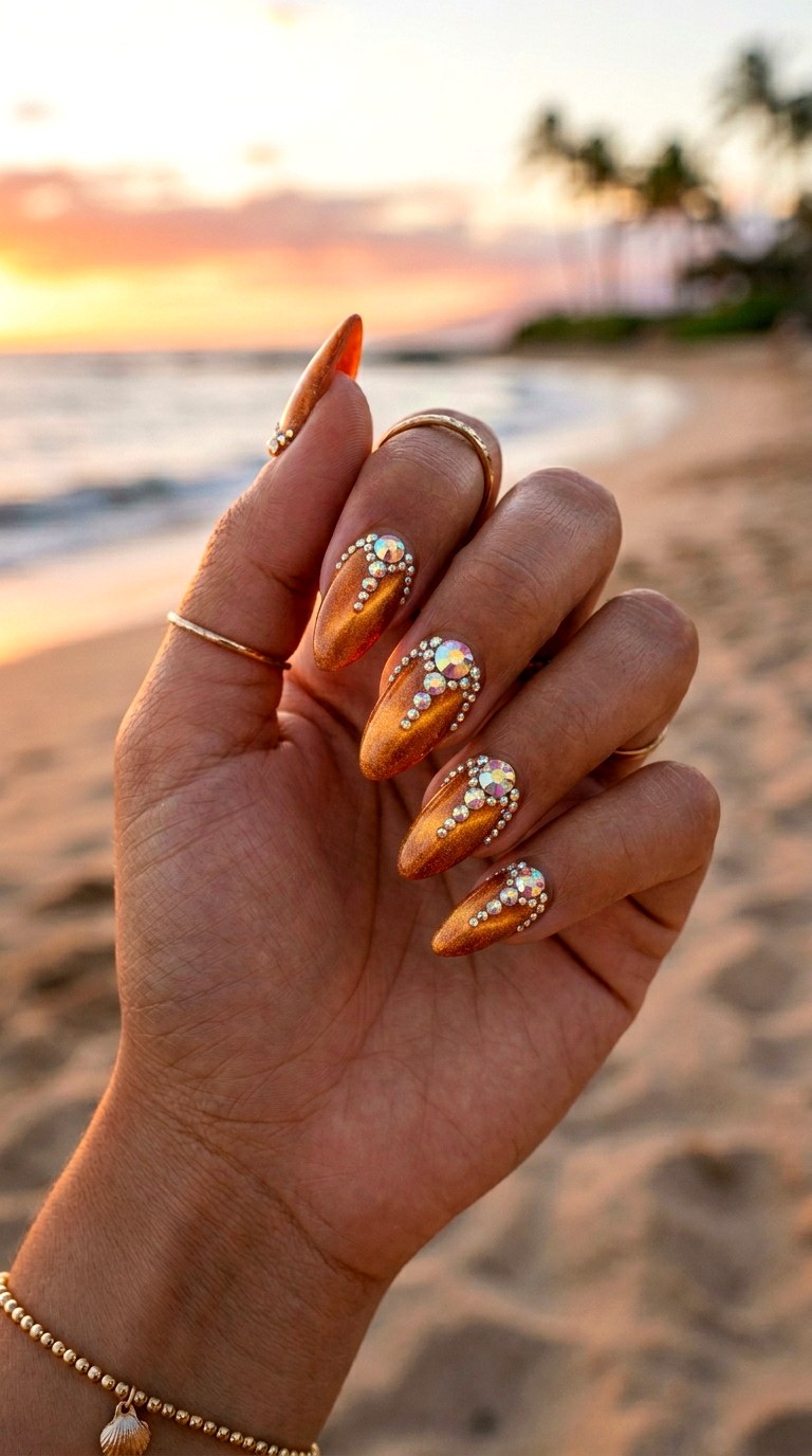 Sunset Orange Cat Eye with Gradient Crystals - 21 Summer Crystal Accent Cat Eye Nails Ideas