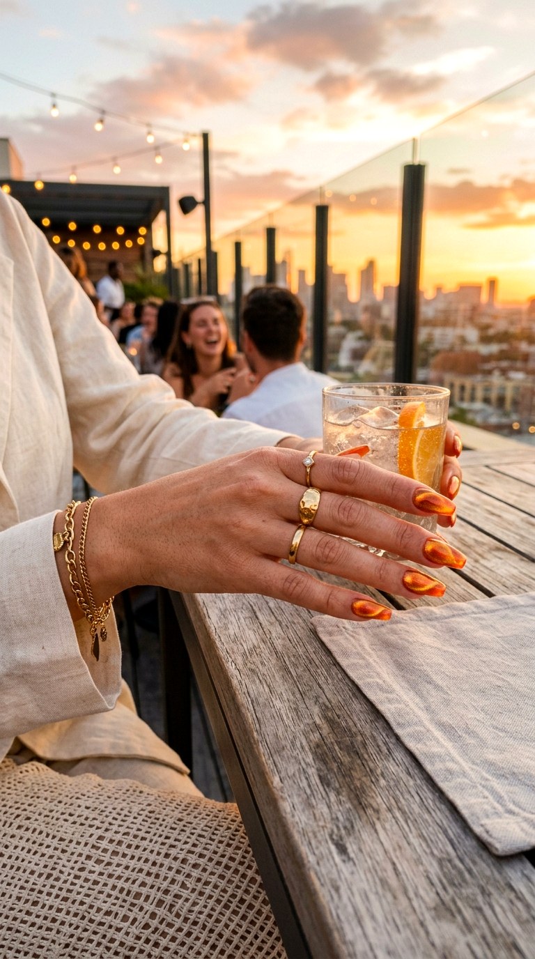 Sunset Orange and Gold Swirls - 21 Summer Swirl Cat Eye Nails Ideas
