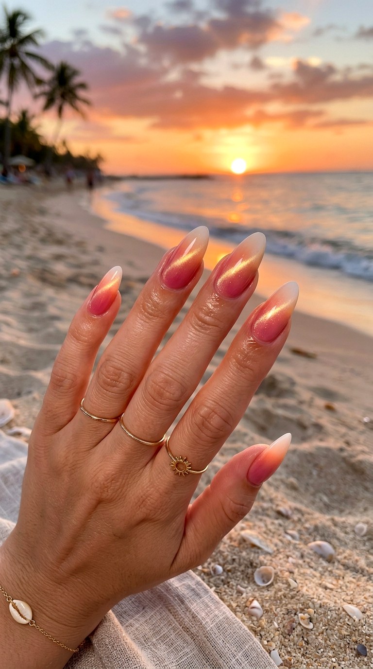 Sunset Pink to White Cat Eye Blend - 21 Summer Pink and White Gradient Cat Eye Nails Ideas