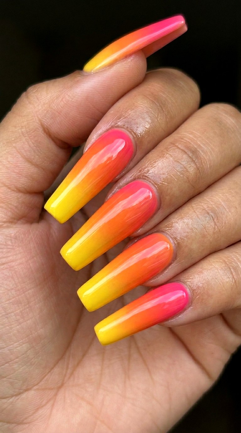 Sunset Silhouette Yellow Orange and Pink - 23 Neon Summer Ombre Nails