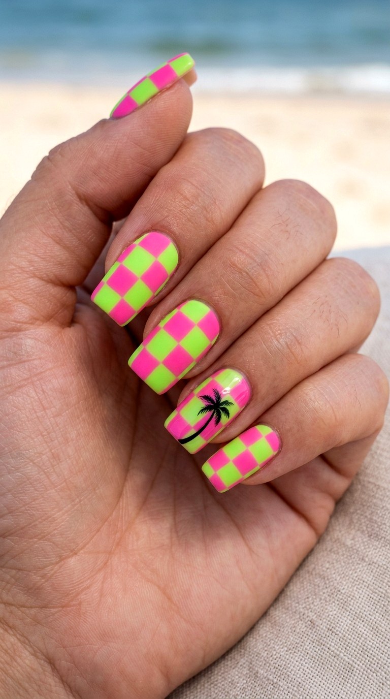 Surfer Checkerboard - 26 Vacation Summer Multicolor Acrylic Nails