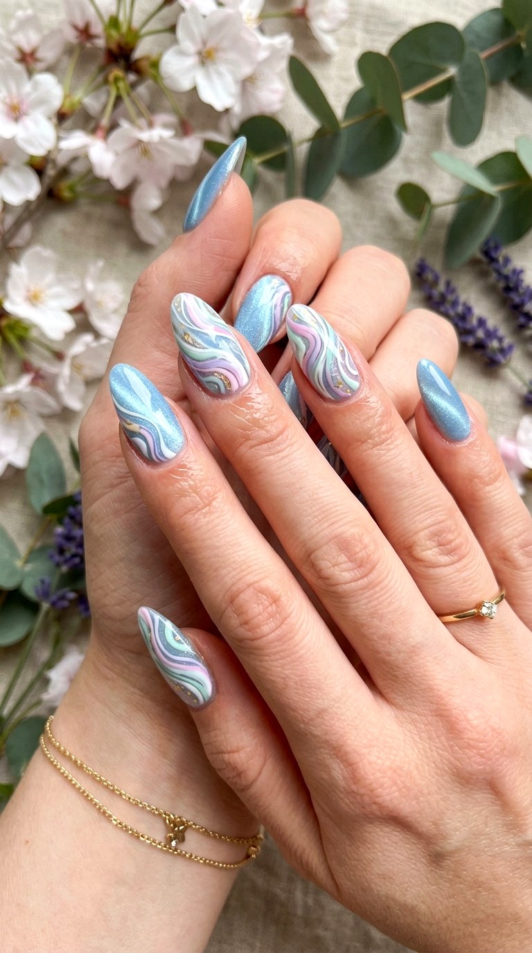 Swirl Baby Blue Cat Eye Nails - 20 Spring Baby Blue Cat Eye Nails Ideas