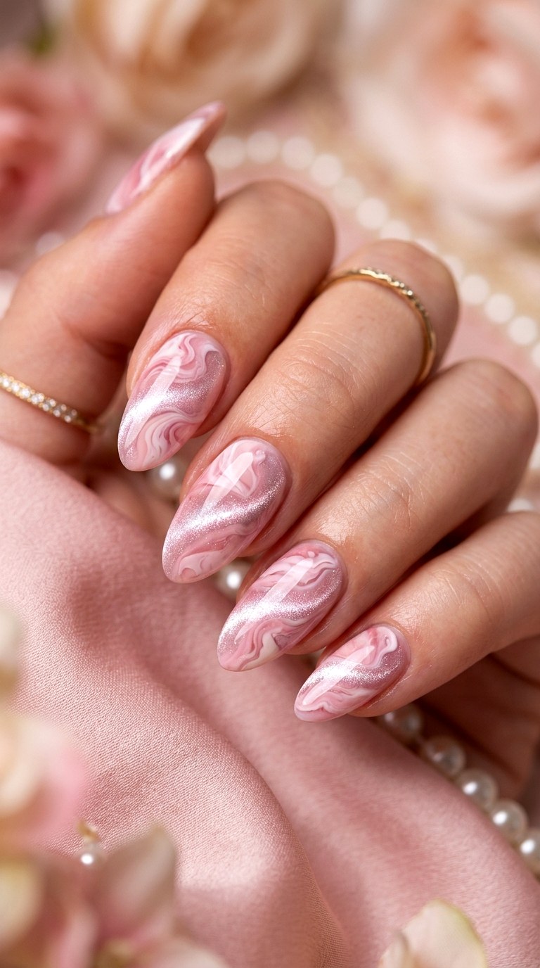 Swirled Marble Cat Eye Gradient Nails - 20 Spring Pink and White Gradient Cat Eye Nails Ideas