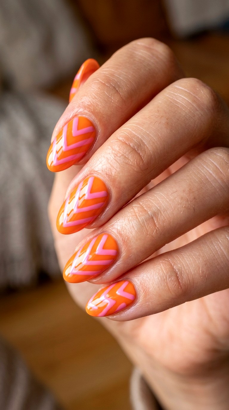Tangerine Dream and Bubblegum Pink Chevron Stripes - 30 Brunch Spring Two Colored Nails