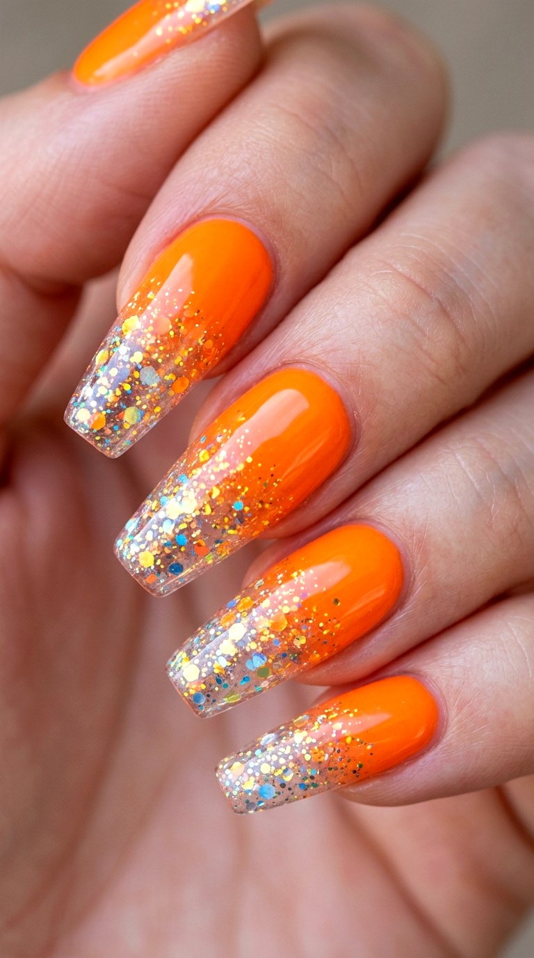 Tangerine Dream into Clear Glitter - 23 Neon Summer Ombre Nails