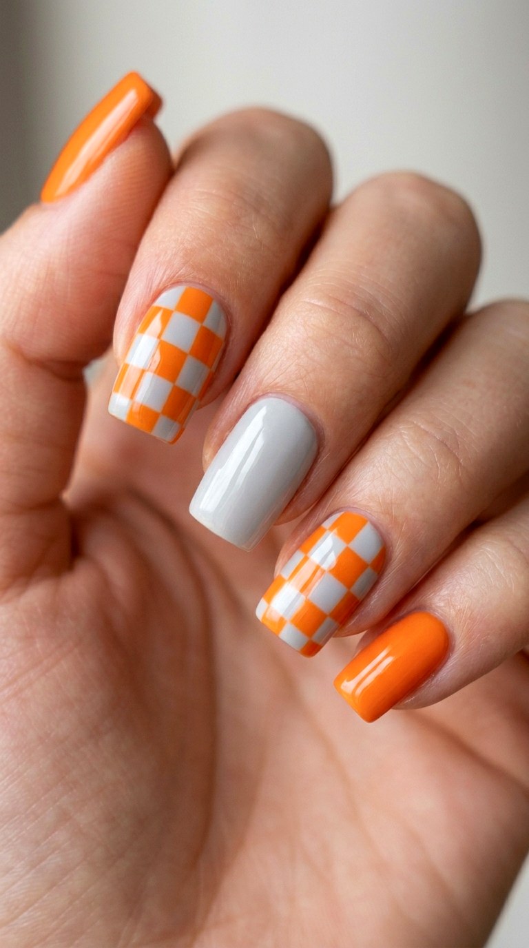 Tangerine and Pale Gray Checkerboard - 23 Geometric Spring Two Colored Nails