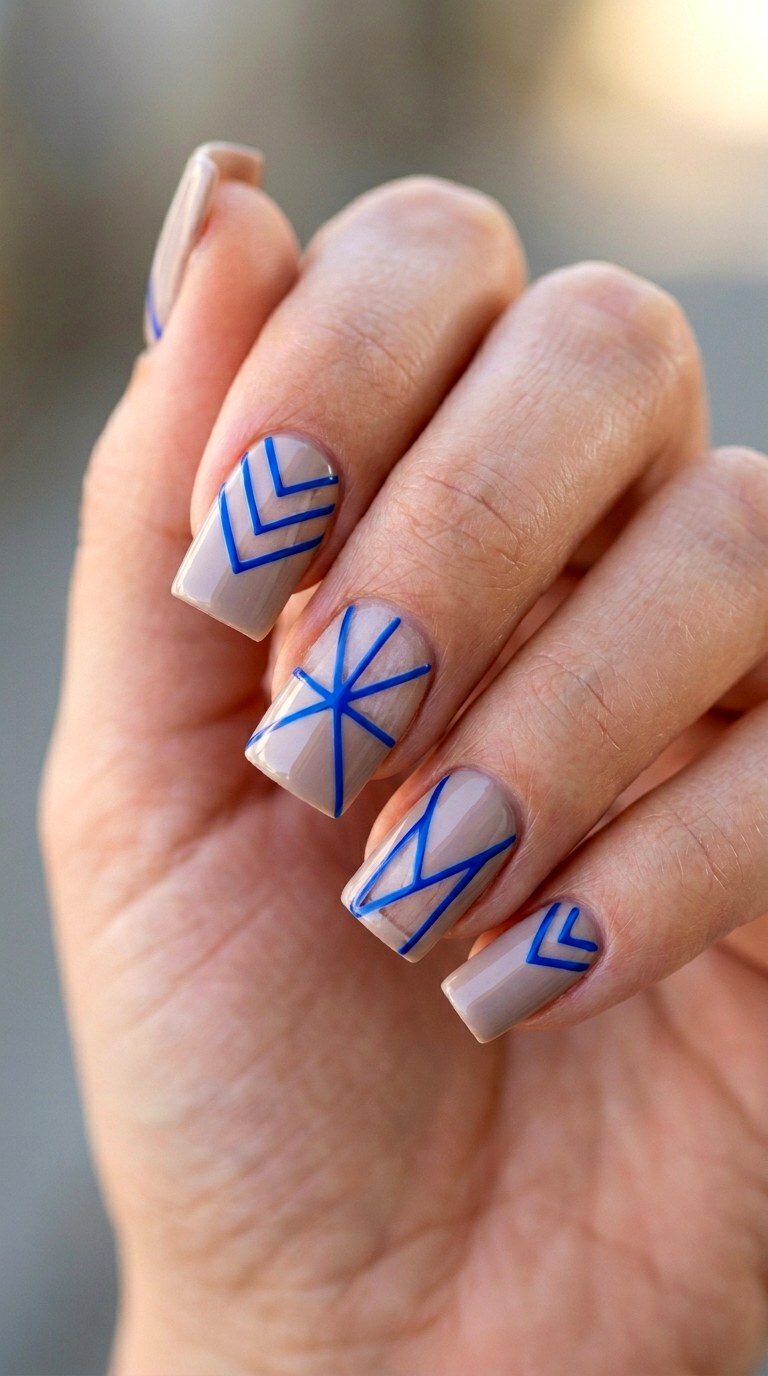 Taupe and Electric Blue Negative Space - 27 Graphic Spring Two Colored Nails